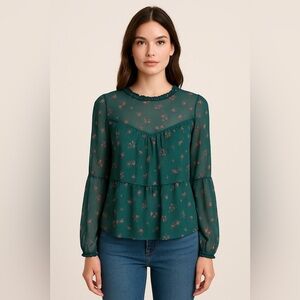 Eyeshadow Ruffle Long Sleeve Blouse Green Floral Print Blouse Size XS NWT